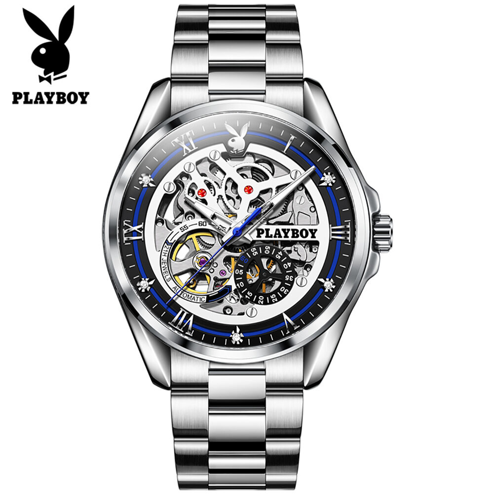 PLAYBOY elegant luxury automatic machine steel strap watch for men brand original waterproof multifunctional hollow special design dial