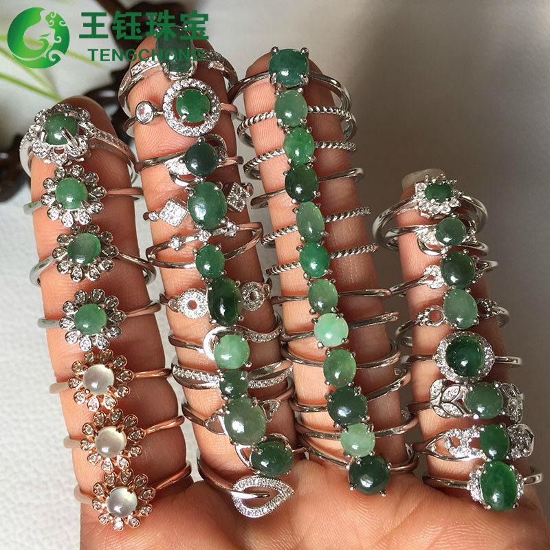 Random Delivery of Myanmar Natural a Goods Jade Ice Egg Surface Green Ring 925 Silver Inlaid Women's Ring