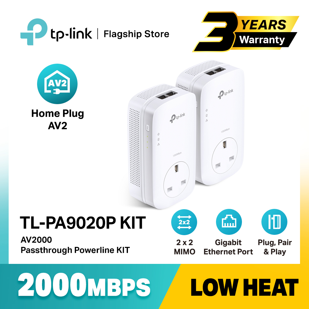 TP-LINK TL-PA9020P KIT AV2000 HomePlug AV2 MU-MIMO Gigabit Passthrough Powerline Kit (Plug, Pair & Play)
