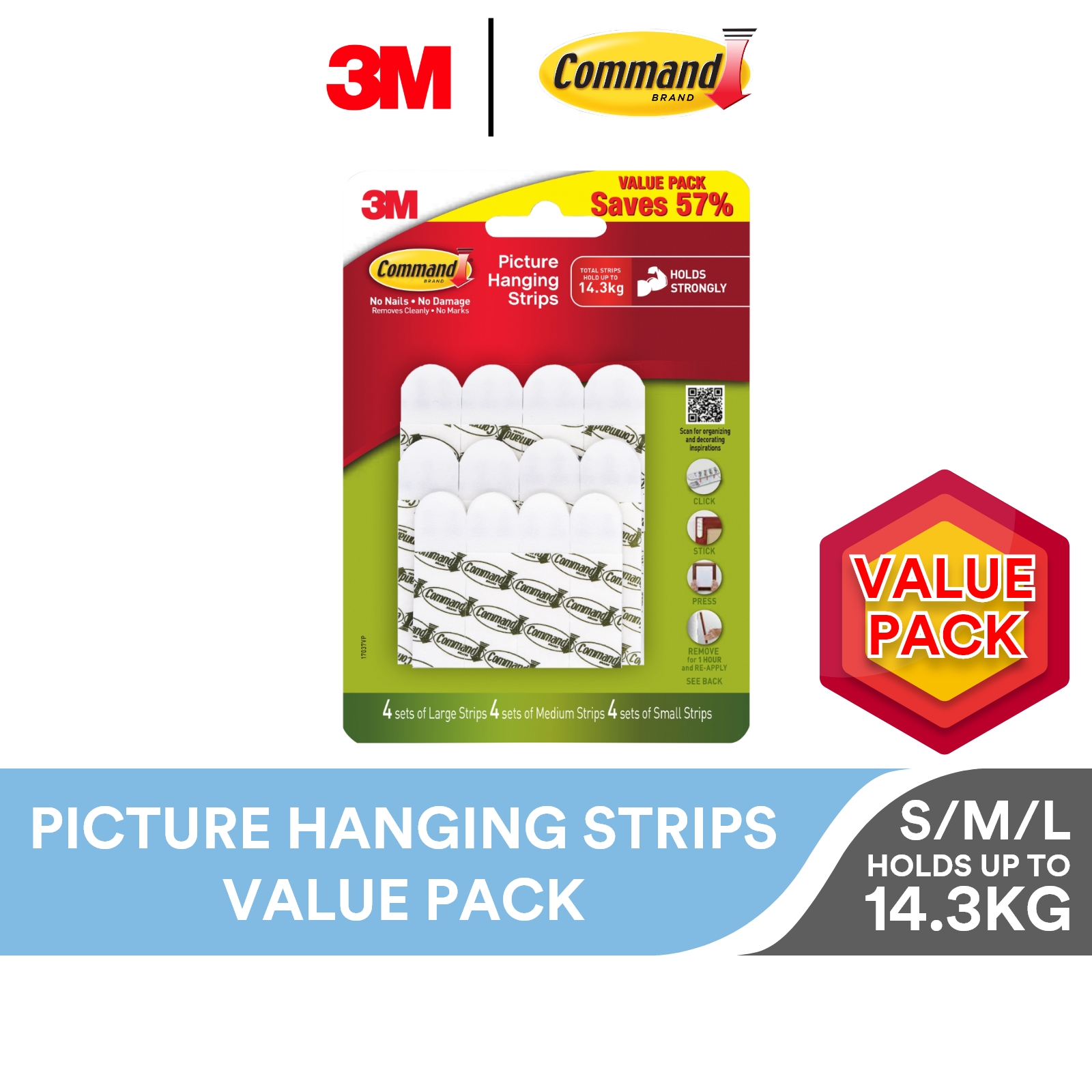 3M Command White Medium Picture Hanging Strips Value Pack, 17204VP, 9/Pack, Holds Up to 5.4kg, 18x24” Frames, Frame, Decor, Artwork
