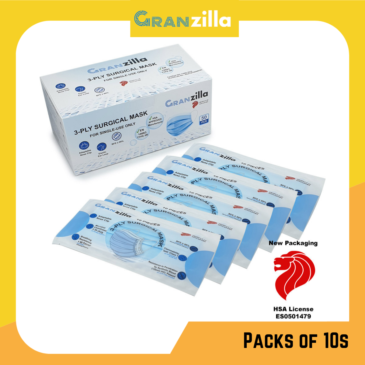 Granzilla™ Medical Surgical Mask  Black Blue White Face Mask  Individual Packs  3-Ply 50 Pieces  BFE 99%  Adult  Made in Singapore