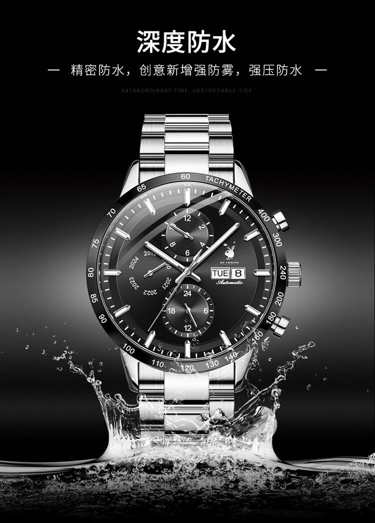 PLAYBOY Men Watches Automatic Mechanical Business Luxury Stainless Steel Strap Multifunctional Luminous Calendar Chronograph Waterproof