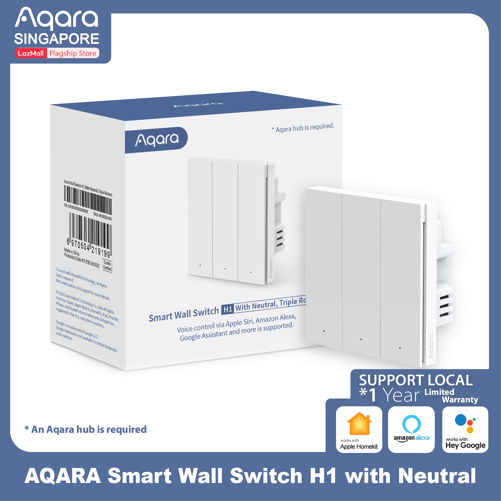 AQARA Smart Wall Switch H1 (Triple rocker / Gang) Support Apple HomeKit, Alexa, Google (Smart Light Switches)