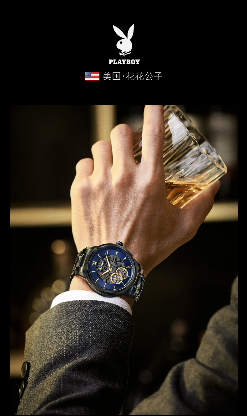 PLAYBOY Luxury Movement Automatic Mechanical Watch For Men 2021 New USA Double-sided Perspective Stainless Steel Strap Watch Waterproof Luminous Display