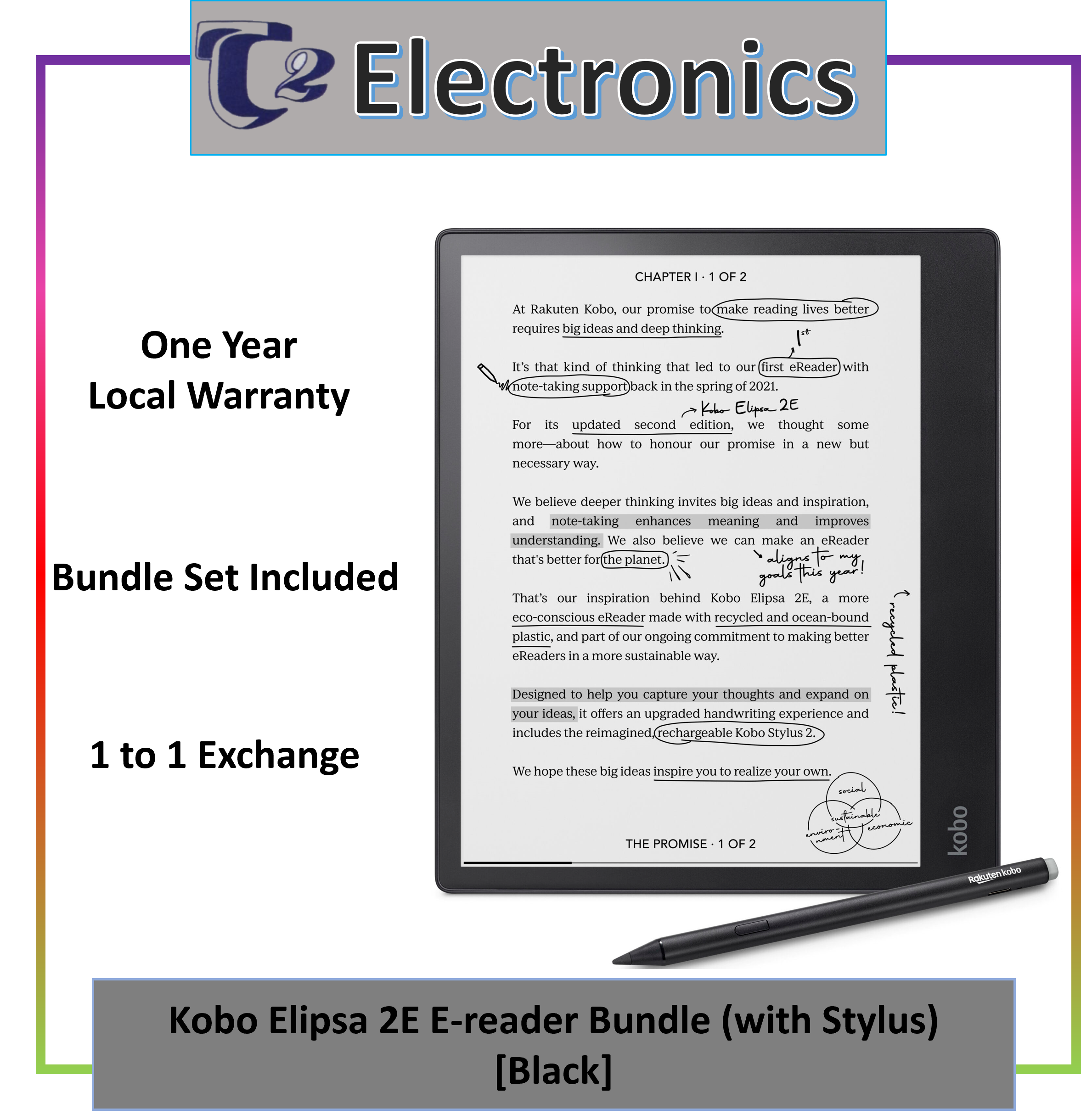 Kobo Elipsa 2E E-reader Bundle with Stylus [Black]  10.3 inches E Ink Carta 1200 touchscreen with ComfortLight Pro - T2 Electronics