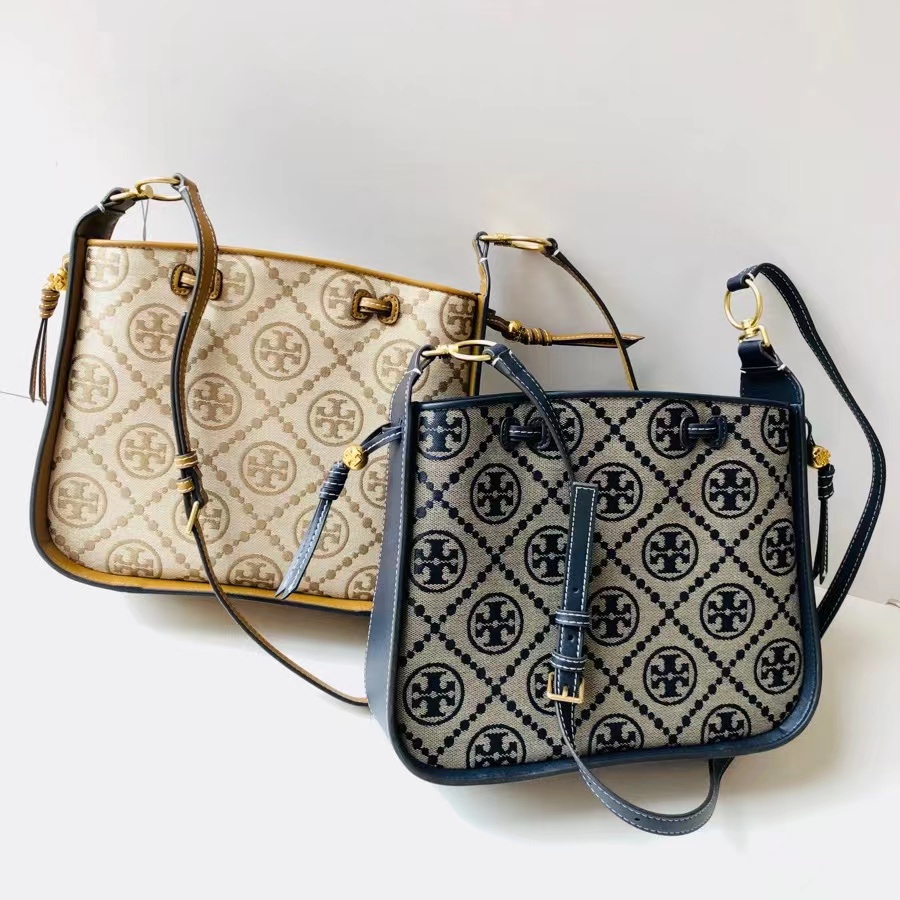 hot sale authentic tory burch bags women   Tory Burch T Monogram Two Colors Jacquard Drawstring Shoulder Bag Crossbody Bag tory burch official store