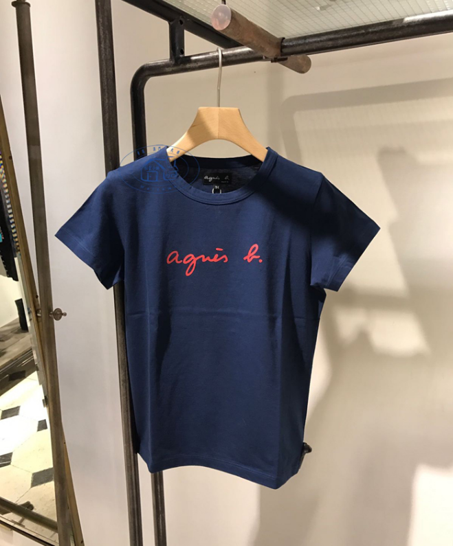 The New Agnes B Sketch PALEESIJA Letter Cotton Short-sleeved T-shirt Dark Blue Men's and Women's Wear