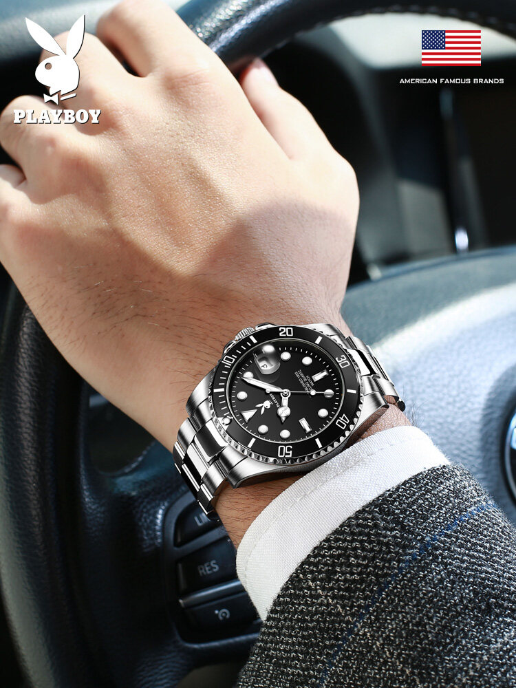 PLAYBOY Multifunctional Quartz Watch For Men Casual On Sale Original Stainless Steel Strap Waterproof Black/Green Water Ghost Luminous Calendar Display