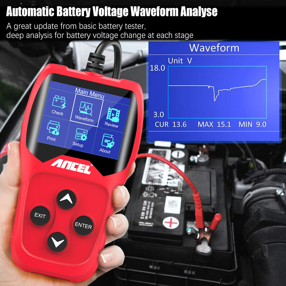 ANCEL BA201 Car 12V Digital Battery Tester Analyzer Checker 100-2000CCA Auto Cranking Charging Test Tool Battery Voltage Load Health Display Motor Tool PK KW600