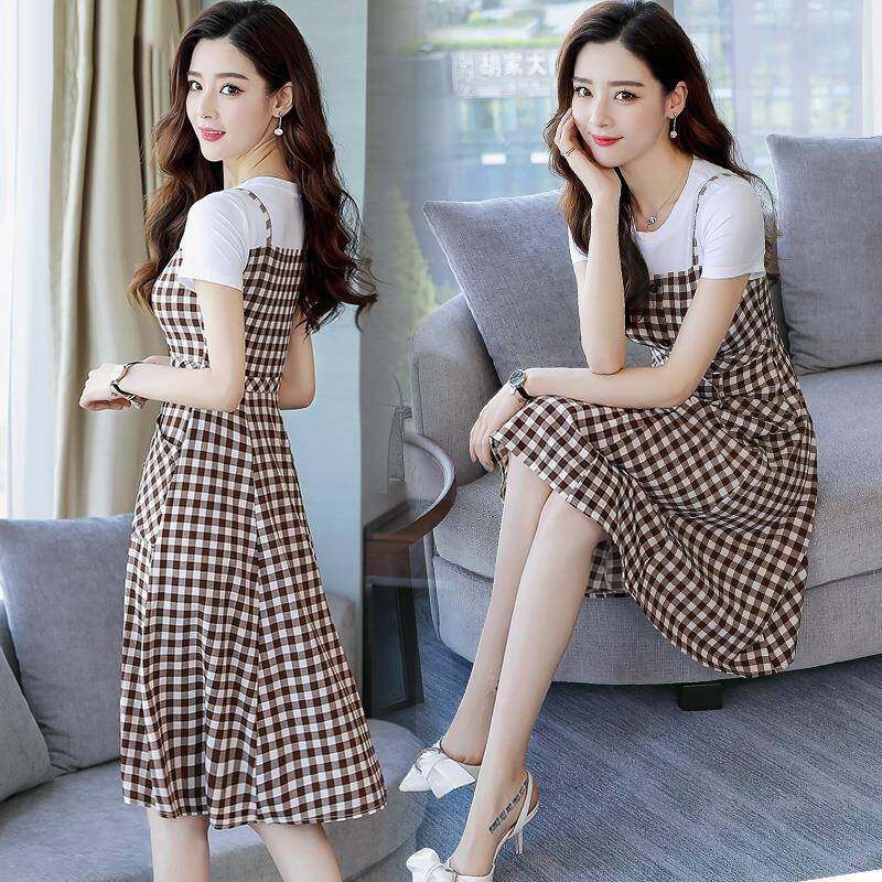 Cotton T suspender plaid splicing dress female  summer fake two A-line skirt