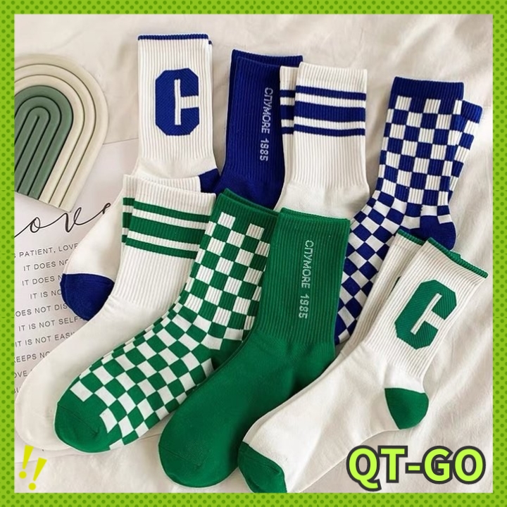 Korean men mid cotton socks ins tide checkerboard green elite long socks for men women socks