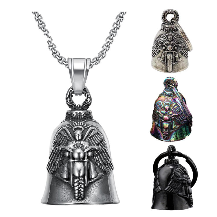 Mens Motorcycle Wind Retro Punk Hip Hop Rock Wings Motorcycle Character Bell Pendant Necklace Rock Party Accessories Riding Bell decent