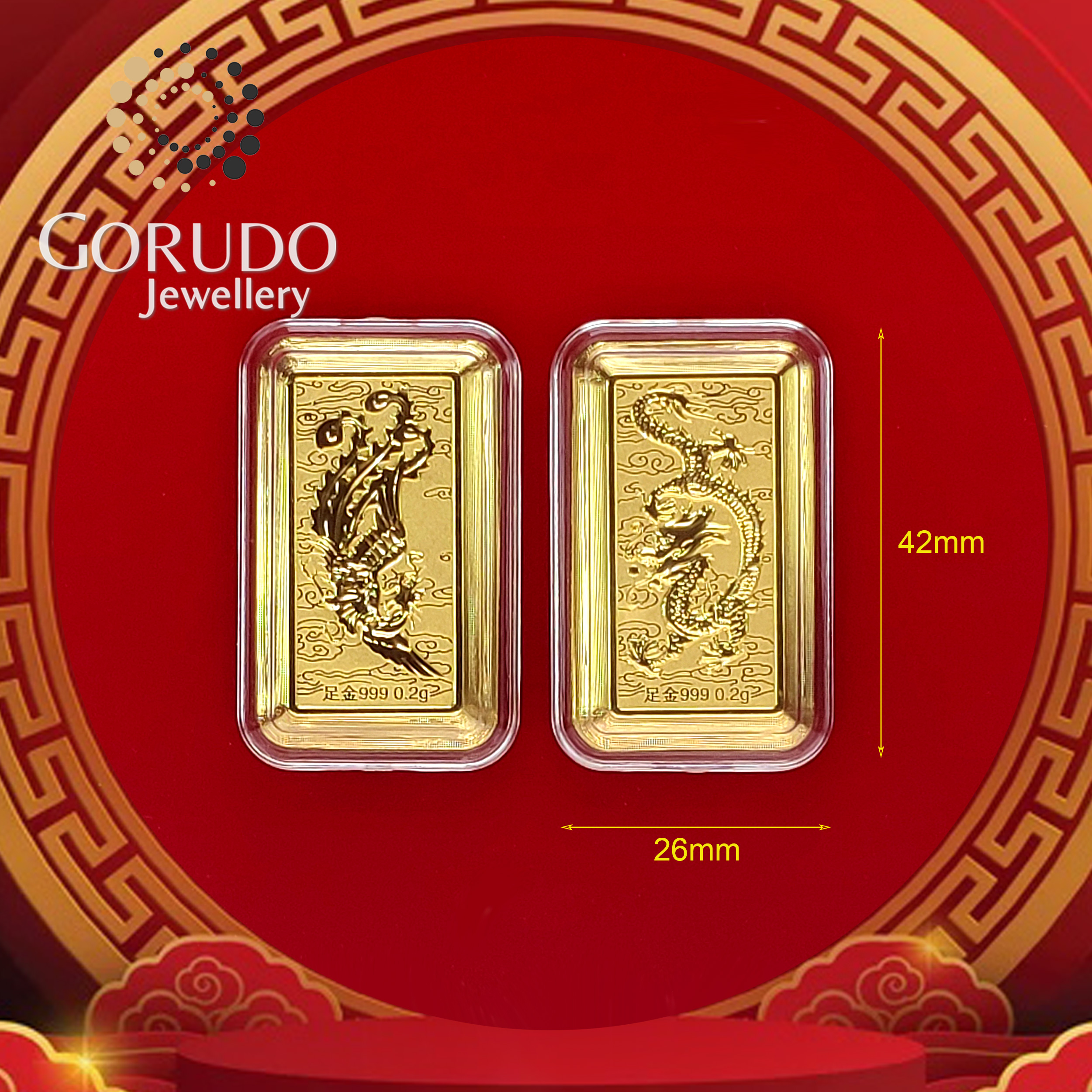 Gorudo Jewellery 999 Dragon & Phoenix Pure Gold Ingot 0.2G X 2