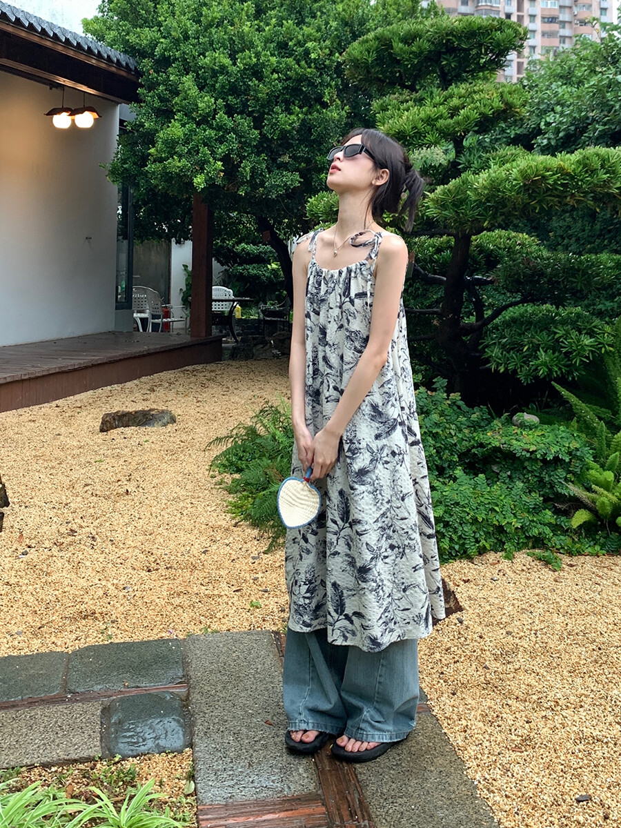 Korean Summer Printed Strap Dress Women Loose Casual Beach Midi Dress