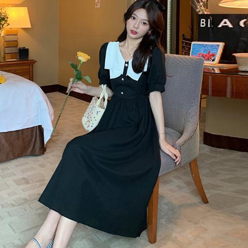 Littlegroot [2023 new HOT FASHION] Dresses Women Short Sleeve Patchwork French Midi Stylish Peter Pan Collar High Waist Elegant Dress