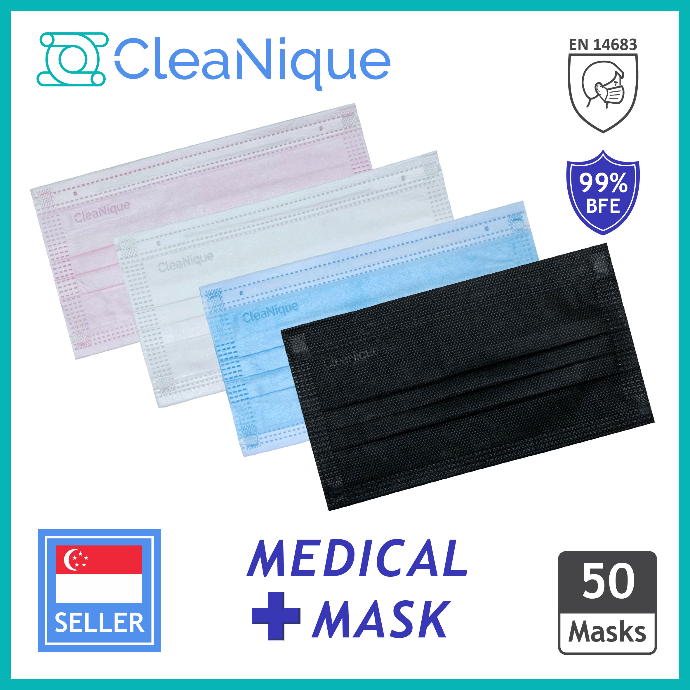 CleaNique 3-Ply * Black/Blue * Medical Face Mask EN 14683 SGS BFE 99% Flat Ear Loop 50 Pcs