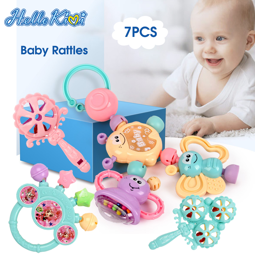 HelloKimi 7PCS Baby Rattles Set Baby Rattles Toys Silicone Teether Rattles Hand Shake Bed Bell Trolley Rattles Baby Toddler Toys Handbell Rattle Newborns Educational Gift