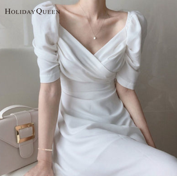 HolidayQueen Summer Korean Chic French Style Is Thin V-neck Careful Machine Waist Puff Sleeve Chiffon Dress Long Skirt Goddess Fan S M L XL Free Shipping HQP1001
