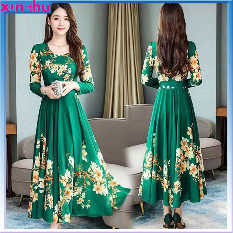 MA Summer Women Long Sleeves Dress Elegant Flower Printing Long Skirt Casual Round Neck Large Size Dress