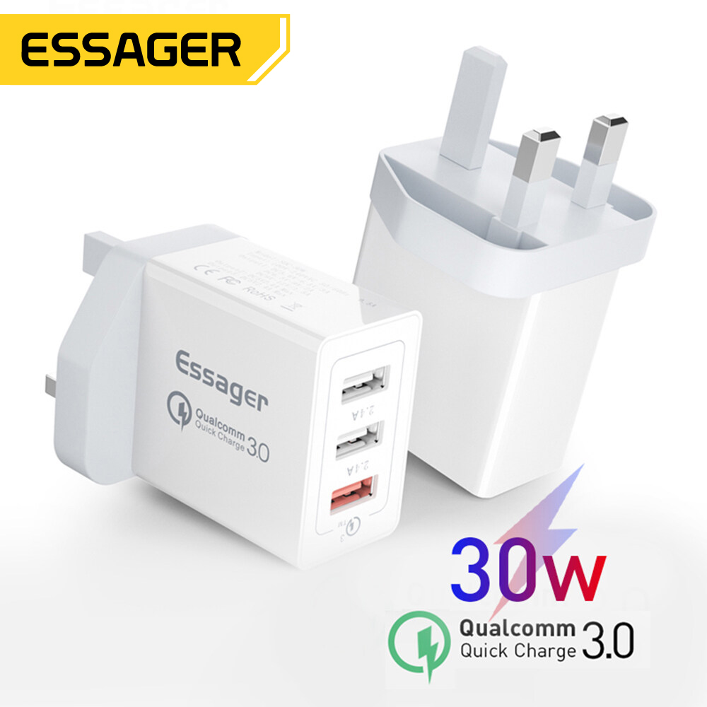 Essager 30W Quick Charge 3.0 USB Charger QC3.0 QC Fast Charger Multi Plug Wall Mobile Phone Charger for iPhone Samsung Xiaomi Mi USB Socket（only UK Plug)