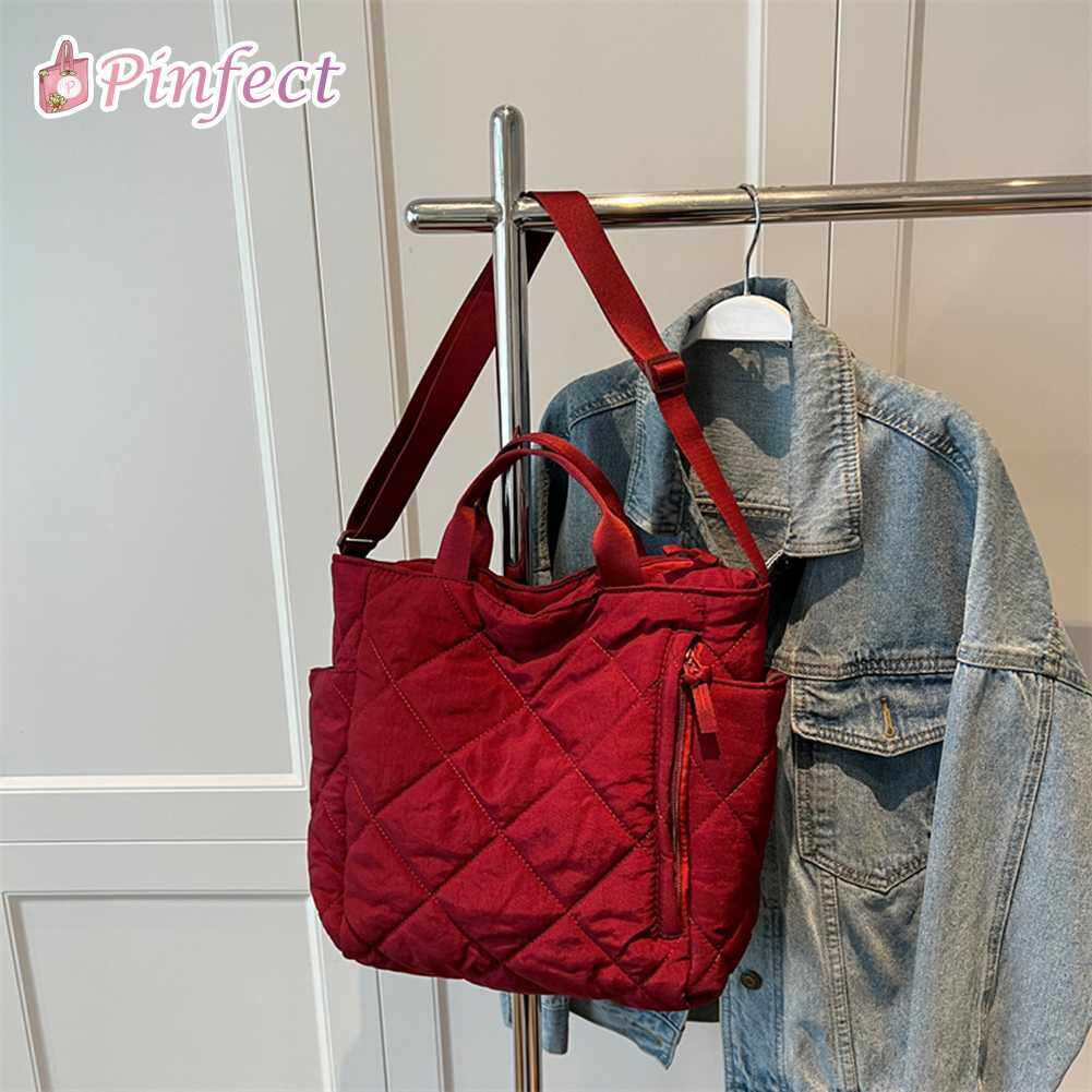 Pinfect Fashion Retro Lattice Quilted Shoulder Bag Women Autumn Winter Casual Crossbody Bag Female Large Capacity Cotton Padded Handbag