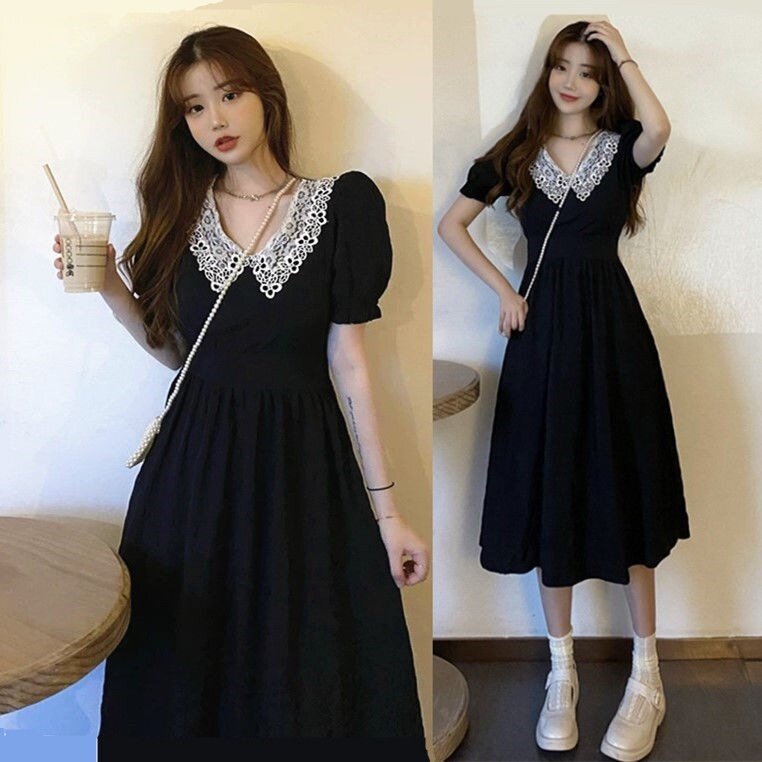 Dora-Cross-border Fashion Summer New French Style Dress R Hepburn Style Puff Sleeve Women's Tight Waist Slimming Elegant Long Dress