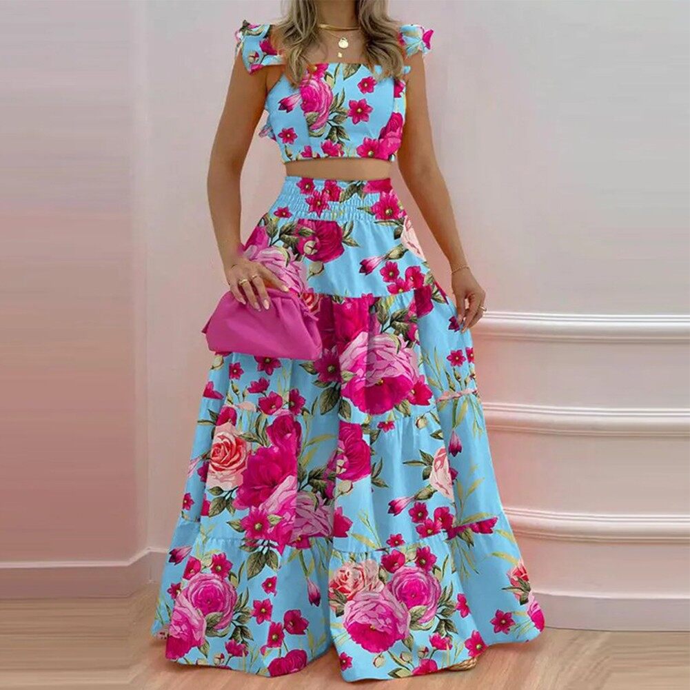 Summer Womens Dress 2 Piece Set Beach Bohemia Holiday Long Matching Sets